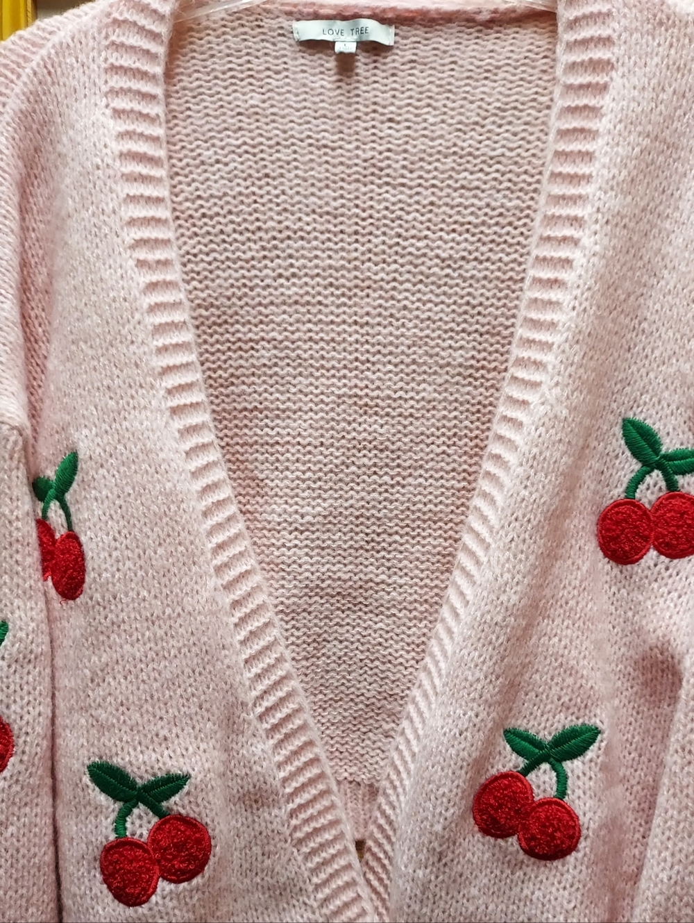 🍒 Cherry Embroidered Pink Open Front Cardigan Sweater Womens L Or OS Juniors XL - Picture 2 of 3